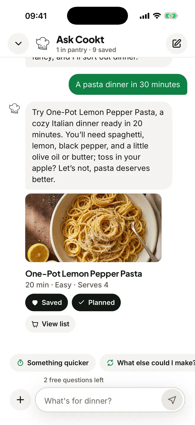 Ask Cookt suggesting a pasta dinner