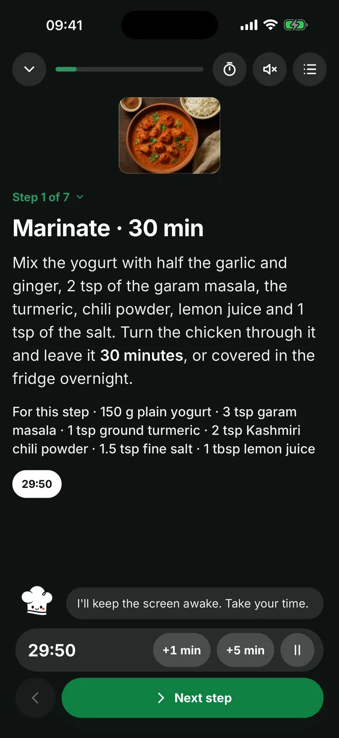Cook mode with one step and a running timer