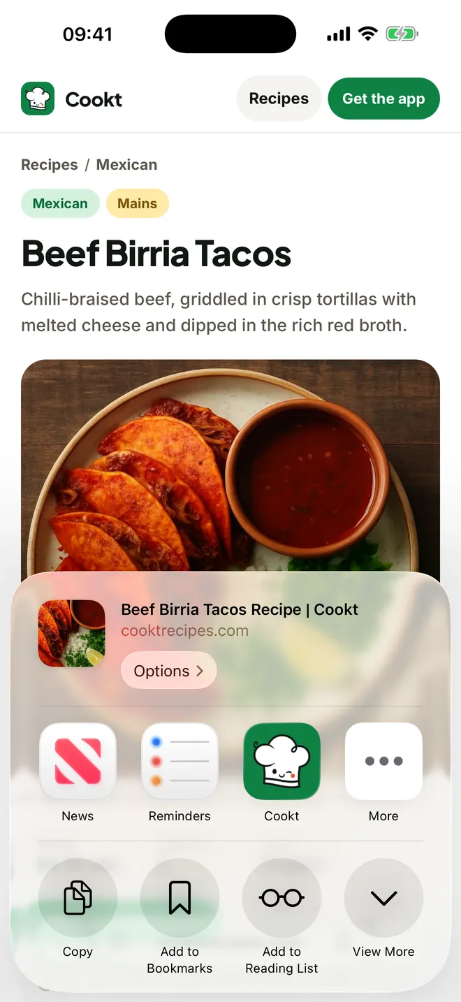 Tacos de birria de res compartidos desde una página de recetas a Cookt