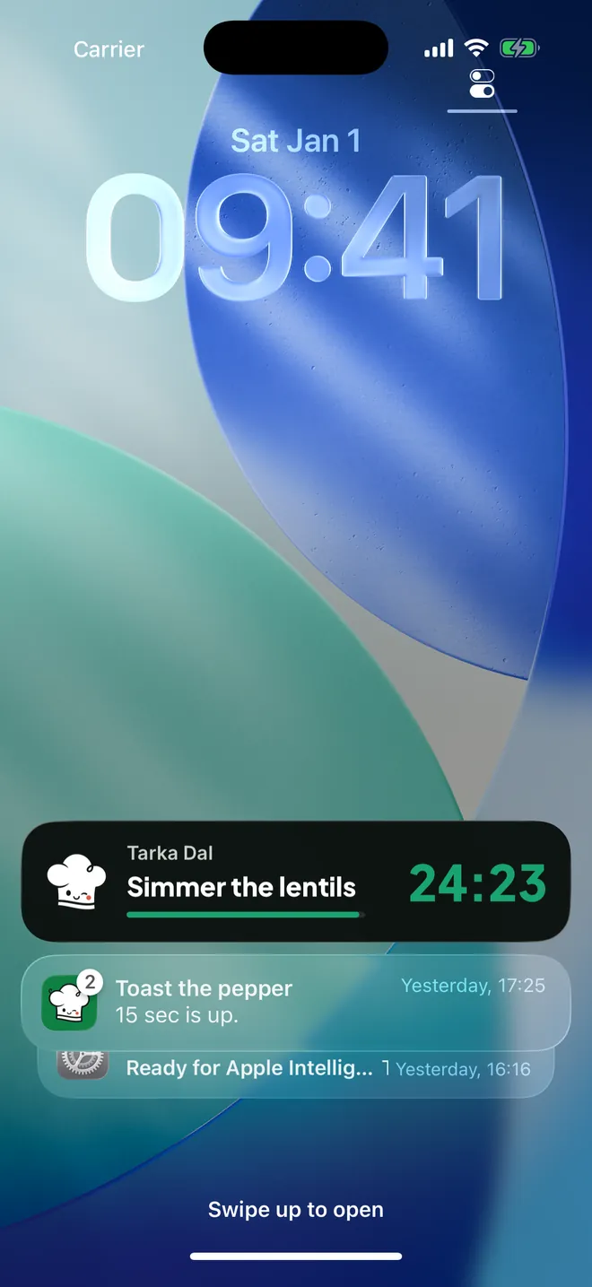 A cooking timer on the iPhone Lock Screen