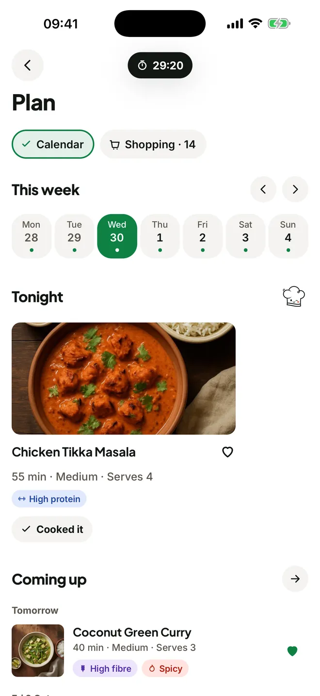 The week's meal plan with tonight's dinner