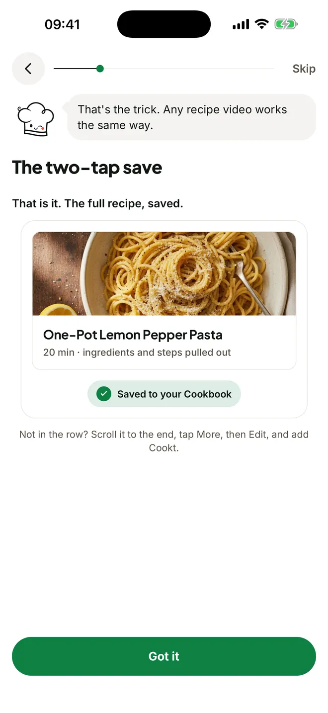 A shared recipe saved into the Cookt cookbook
