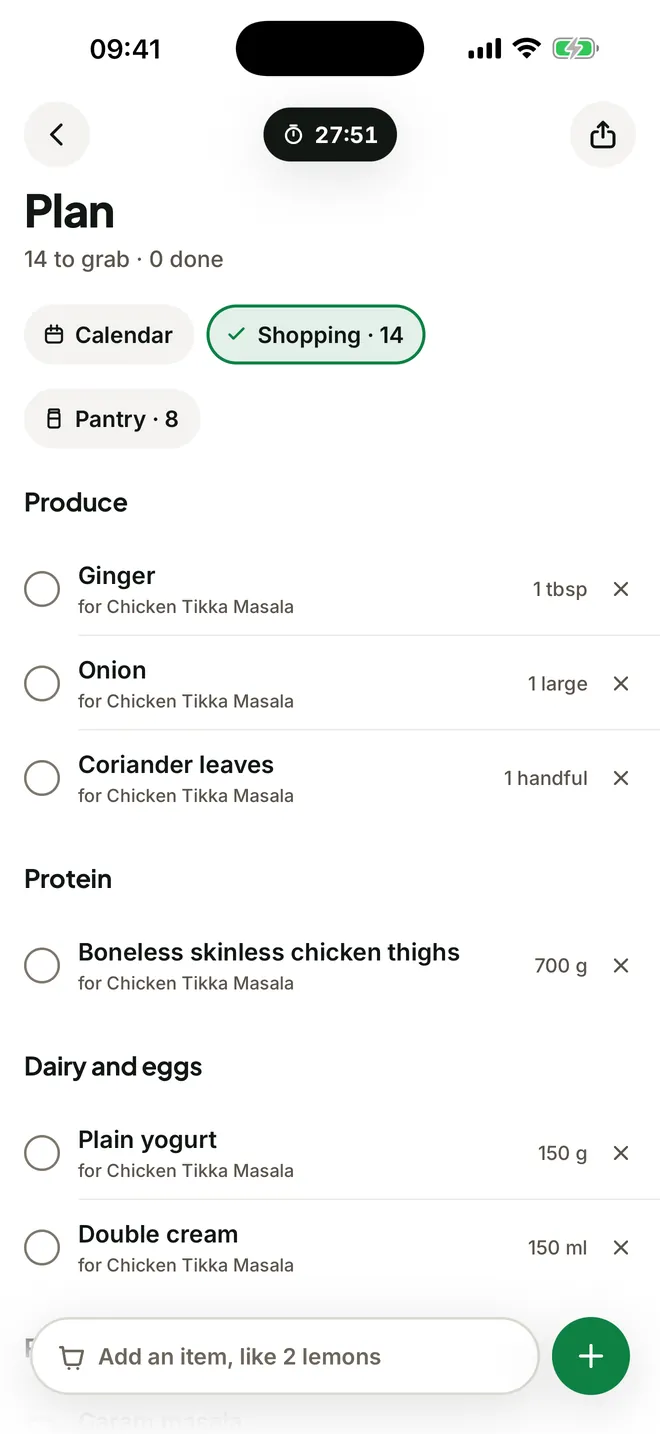 A shopping list grouped by aisle