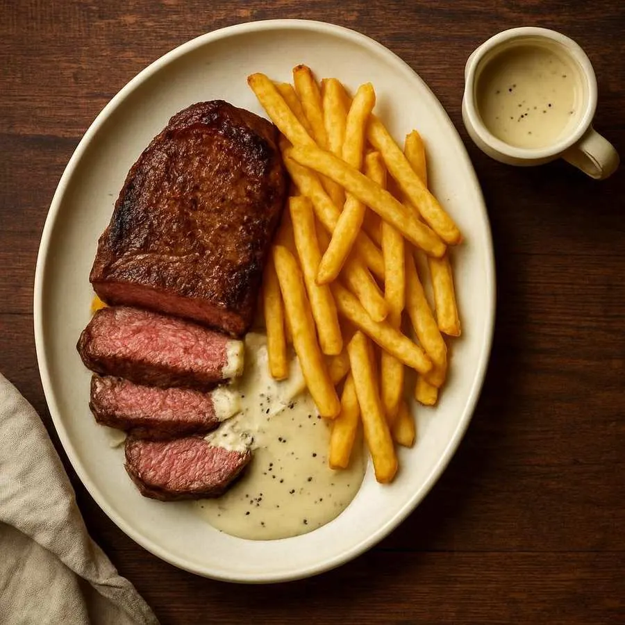 Steak Frites with Peppercorn Sauce